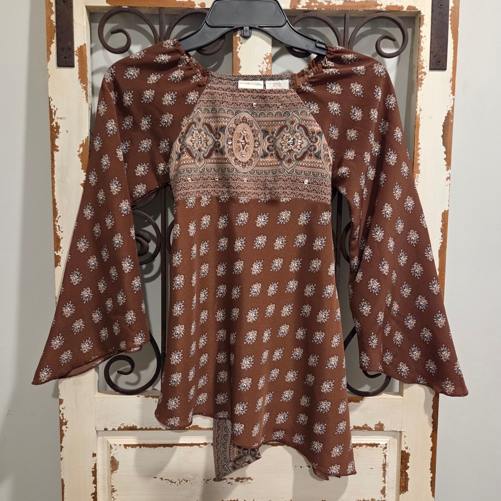 Y2K Mary-Kate and Ashley Girls Cinnamon Stick Paisley Boho Tunic Top Brown M 7/8